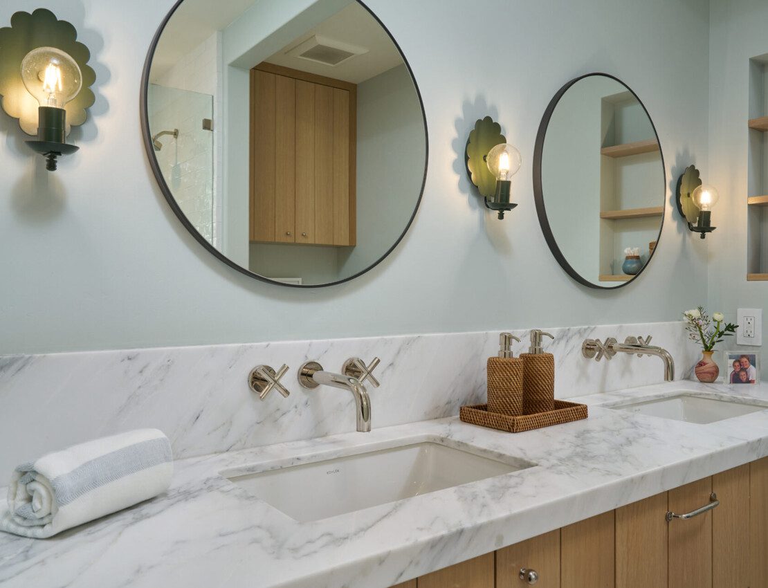 Showcasing the interior design showing the double sink bathroom